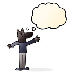 cartoon waving wolf with thought bubble