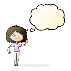 cartoon woman waving with thought bubble