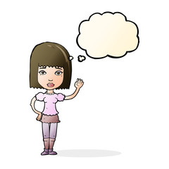 cartoon woman waving with thought bubble