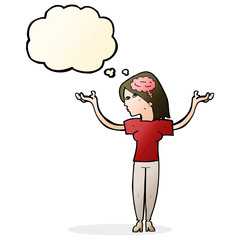 cartoon intelligent woman with thought bubble