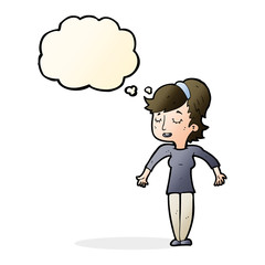 cartoon friendly woman shrugging shoulders with thought bubble