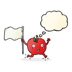 cartoon funny apple with flag with thought bubble