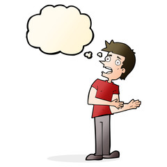 cartoon man making excuses with thought bubble