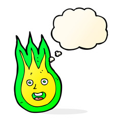 cartoon friendly fireball with thought bubble