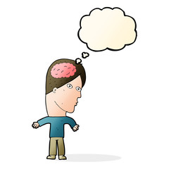 cartoon man with brain symbol with thought bubble