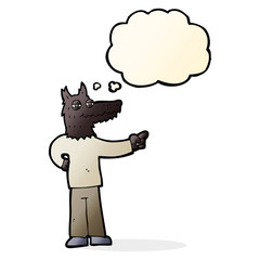 cartoon pointing wolf man with thought bubble