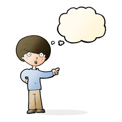 cartoon pointing boy with thought bubble