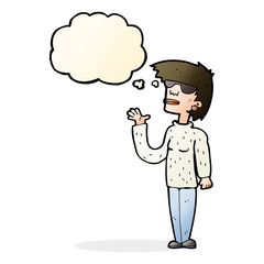 cartoon woman wearing spectacles with thought bubble