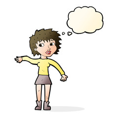 cartoon friendly woman waving with thought bubble