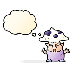 cartoon little mushroom man with thought bubble