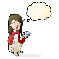 cartoon woman sitting with cup of coffee with thought bubble