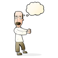 cartoon balding man explaining with thought bubble