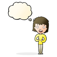 cartoon happy woman with thought bubble