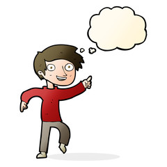 cartoon happy boy pointing with thought bubble