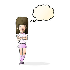 cartoon girl with crossed arms with thought bubble