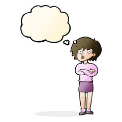 cartoon woman wit crossed arms with thought bubble