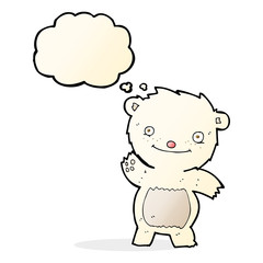 cartoon waving polar bear cub with thought bubble