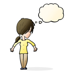 cartoon woman shrugging shoulders with thought bubble
