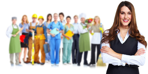 Obraz premium Beautiful business woman and workers group.