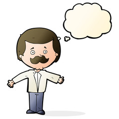 cartoon mustache man with open arms with thought bubble