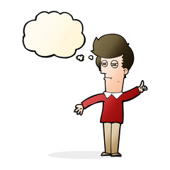 cartoon man narrowing eyes with thought bubble