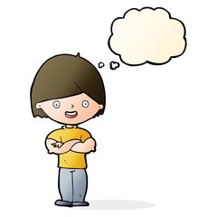 cartoon man with crossed arms with thought bubble