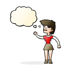 cartoon woman in spectacles waving with thought bubble