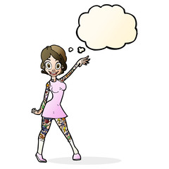 cartoon woman with tattoos with thought bubble