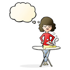 cartoon woman ironing with thought bubble