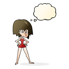 cartoon angry woman in dress with thought bubble