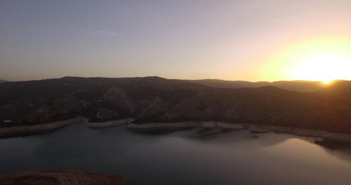 4K Aerial, Sunset at at barrier lake, Andalusia, Spain - Shot is straight out of the camera, no recompression.