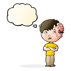 cartoon boy with growth on head with thought bubble