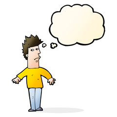 cartoon worried man with thought bubble