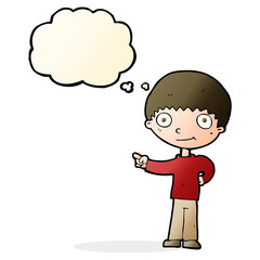 cartoon happy boy pointing with thought bubble