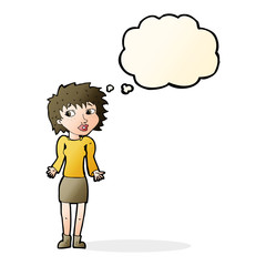 cartoon woman shrugging shoulders with thought bubble