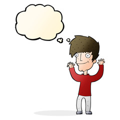 cartoon man waving arms with thought bubble
