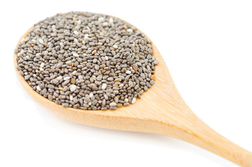 chia seeds in wooden spoon.