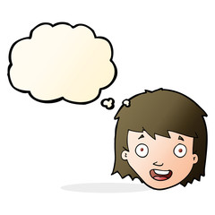cartoon happy female face with thought bubble