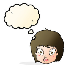 cartoon surprised female face with thought bubble