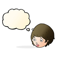 cartoon girl with concerned expression with thought bubble