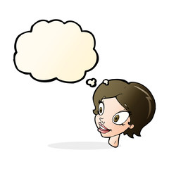 cartoon pretty female face with thought bubble