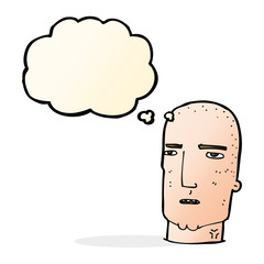 cartoon bald tough guy with thought bubble
