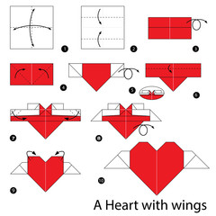 step by step instructions how to make origami heart with wings. - obrazy, fototapety, plakaty
