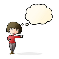 cartoon annoyed woman pointing with thought bubble