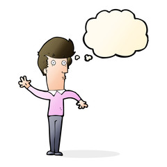 cartoon nervous man waving with thought bubble