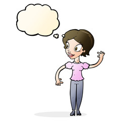 cartoon woman waving with thought bubble