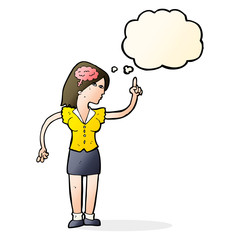 cartoon woman with clever idea with thought bubble