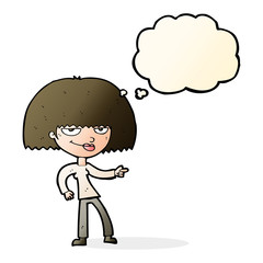 cartoon happy woman pointing with thought bubble
