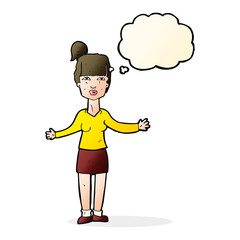 cartoon woman shrugging shoulders with thought bubble