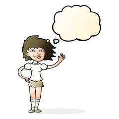 cartoon woman waving with thought bubble